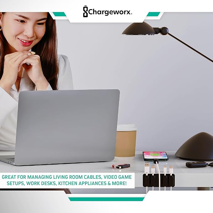 Magnetic Cable Clips [10-Pack] – Chargeworx Cord Organizer for Desk, Nightstand, Car, Wall – Strong Adhesive Wire Holder for USB-C, Lightning, Micro-USB – Tangle-Free, Snap-On, Easy Cable Management