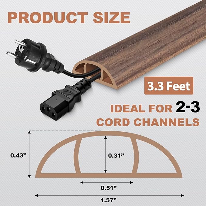 Floor Cord Cover for Wires on Floor Self Adhesive Cord Hider Floor Cable Management Wire Covers for Cords Protector Prevent Cable Trips Cord Cavity W 0.51" x H 0.31", Misty Brown Wood, 3.3Ft