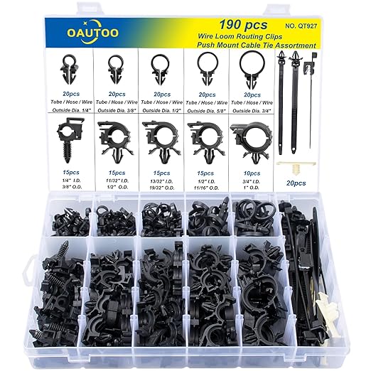 OAUTOO 190pcs Wire Loom Routing Clips Push Mount Cable Tie Assortment