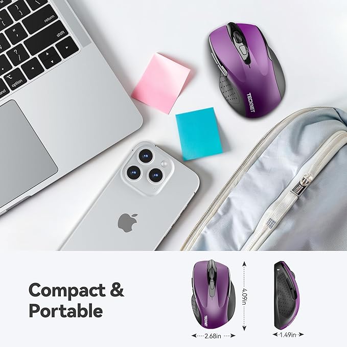 TECKNET Rechargeable Wireless Mouse,USB-A Silent Mouse, Quiet Click, 6 Adjustable 4800 DPI, Cordless Computer Mouse, Ergonomic Mouse for Laptop, 6 Buttons 2.4G Mouse for Chromebook, Ergo Grip - Purple