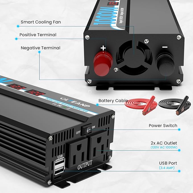 1000W Pure Sine Wave Power Inverter with 2 AC Outlets, 2 USB Ports, LCD Display, 12V to 110V Car & Home Inverter for Vehicles, Laptop