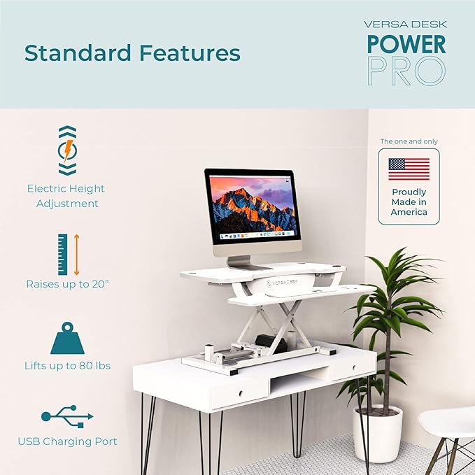 VRSADESK PowerPro™ Electric Standing Desk Converter - Height Adjustable Desk Riser with Keyboard Tray - Holds 80 lbs - Built-in USB Charging Port - Ergonomic Sit Stand Workstation | White (36 inch)