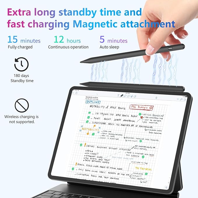 Stylus Pen for iPad 10th 9th 8th 7th 6th Generation, 15Mins Fast Charge for Apple iPad Pencil with Pencil Holder, for iPad Pro 11/12.9 inch, for iPad Air 5th/4th/3th Gen, for iPad mini 6th/5th Gen