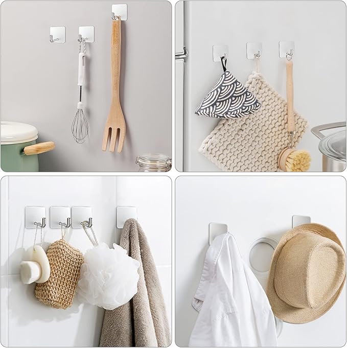 VIS'V Adhesive Hooks, Metal Shower Wall Stick on Hooks, Waterproof, 2 Extra Adhesive Strips, Silver, 4 Pcs