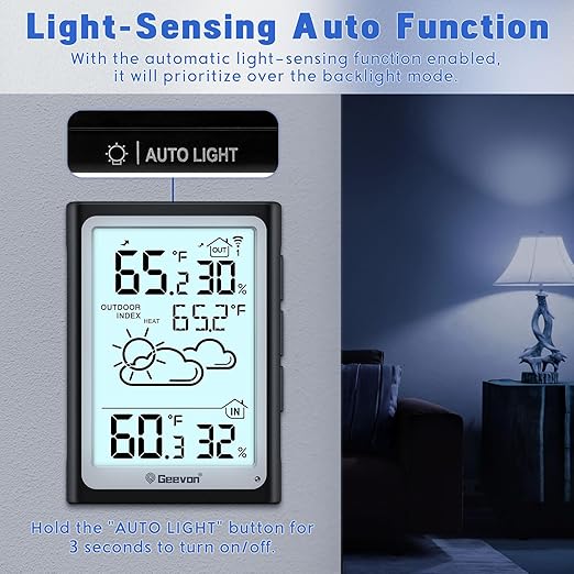 Geevon Large Display Digital Thermometer Hygrometer, Accurate Indoor Outdoor Temperature Humidity Monitoring, Wireless Weather Station with 200ft/60m Range Remote Sensor, Black