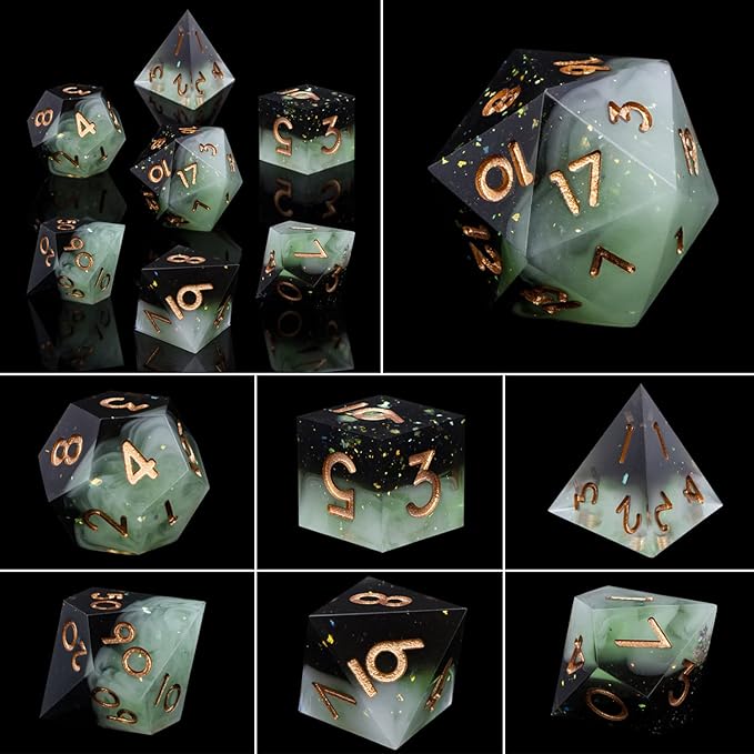 ARUOHHA Sharp Edges Dice Set DND Handmade Resin Dice with Gift Box, 7 Pcs Glitter Inclusions Polyhedral Dice RPG Role Playing Games D and D Dice with Box