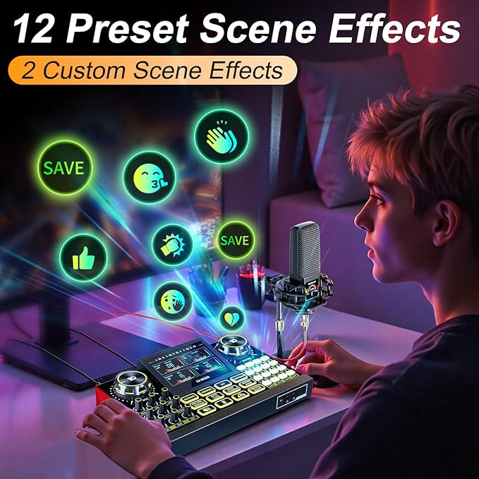 Podcast equipment bundle with live sound card audio mixer, podcast equipment with 3.5mm microphone, soundboard for phone, computer, live streaming, singing, recording, and content creation.