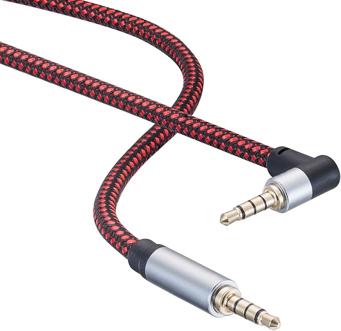 Male to Male Audio Cable 6Ft, 90 Degree TRRS 3.5mm 4 Pole Nylon Braided Stereo Aux Cable for Headphones, PS4, Phone, Tablet, Headset, PC, Laptop and More