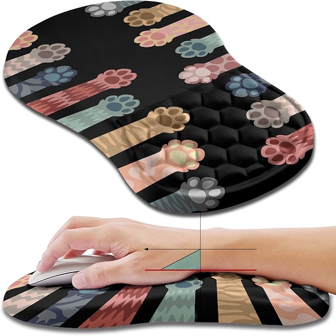 Hokafenle Ergonomic Mouse Pad Wrist Support, Wrist Rest Mousepad for Carpal Tunnel Pain Relief with Integrated Memory Foam Slope Massage Bulge (11.8x7.9 inch,Cute Cat Claw