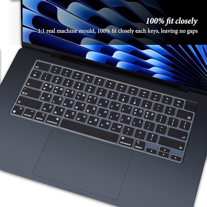 Korean Keyboard Cover for Apple 2025 2024 2023 MacBook Air Laptop with M4 M3 M2 chip 15.3-inch A3241 A3114 A2941,MacBook Air 13.6 inch A3240 A3113 A2681 Skin Protector-Black