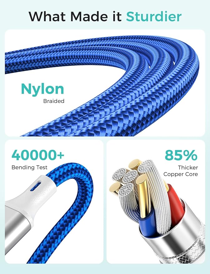 Travel Essentials Multi Charging Cable for Watch Charger 4 in 1 Fast Charger Camping Essentials USB C/L/Micro Compatible with Watch Series 10-1/SE/Ultra Phone 16 15/Galaxy Android-4FT/Blue