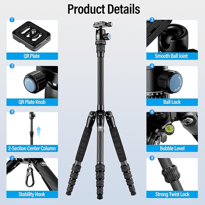 Sirui Compact Traveler 5C Tripod 54.3 inches Lightweight Carbon Fiber Travel Tripod for Camera with 360° Panorama Ball Head for Arca Swiss Quick Release Plate, Max Load 8.8lbs