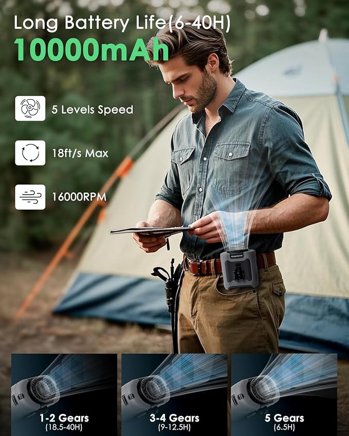 Portable Waist Fan Clip on, Personal Wearable Belt Fan 10000mAh Rechargeable Battery Under Shirt,5 Speeds with light, Neck Fan Hands-Free Cooling For Outdoor Camping Travel (Grey)