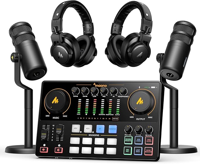 MAONO Podcast Equipment Bundle for 2: Audio Interface Mixer with 2 XLR Dynamic Mic and 2 Headphone Noise Reduction Podcast Streaming MaonoCaster E2 Gen2