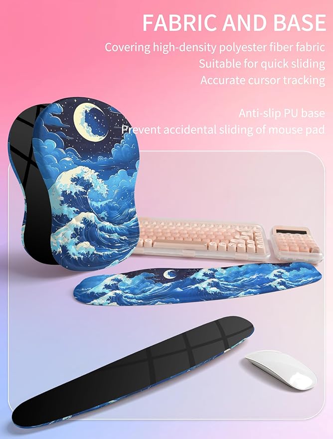 Hokafenle 2in1 Combination, Wave Keyboard Wrist Rest and Ergonomic Curvature Mouse Pad Wrist Support for Relieve Wrist Pain, Filled with Soft Cushion Memory Foam, Crescent Waves