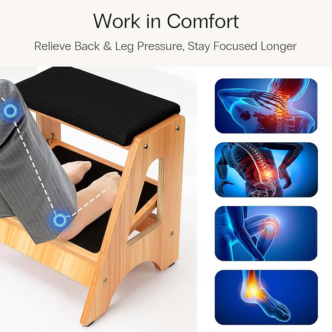 StrongTek Double Step Footrest, Adjustable Wooden Foot Stool with 3 Height Levels, Cushioned Top & Non-Slip Base, Ergonomic Under Desk Leg Rest for Office Home
