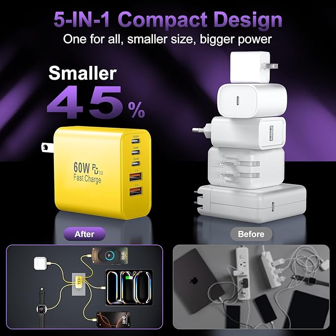 USB C Fast Wall Charger Block, 2Pack 60W USBC Charging Cubes, 5-Port PD+QC Power Adapter Multiport Brick Type C Box Plug for Phone 16/15/14/13/12/11/Pro Max/Plus, Pad Mini/Pro/S25/S24-Yellow