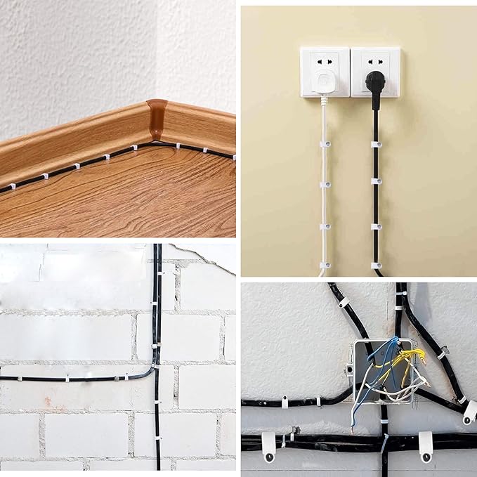 Cable Clips, 100 Pcs, 7mm, Wire Wall Clips with Steel Nails, Cable Management Organizer Clips, Cable Tacks Coax Holder Clips, RG6 RG59 CAT6 RJ45 Cable Cord Clips, White