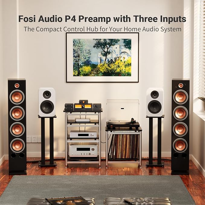 Fosi Audio P4 Mini Preamp with 3 RCA Inputs, Home Audio Stereo Pre amp for Amplifier/Active Subwoofer/Speakers, Preamplifier with 3-Level Adjustable Gain 3/6/9 dB, Bass and Treble Control