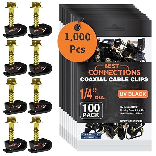 BEST CONNECTIONS Coaxial Cable Clips with Pre-Inserted Screw (1,000 Pack) – Black Single Cable Mounting Clamps for Coax Cable (RG6, RG59) and Ethernet Cable – Cord Fastener/Strain Relief Clip
