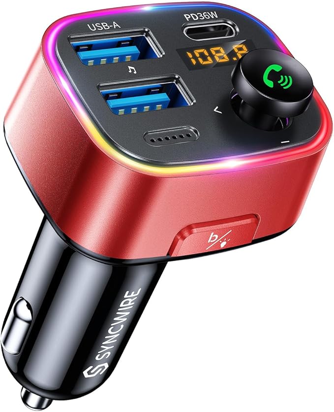 Syncwire Bluetooth 5.4 FM Transmitter Car Adapter 48W (PD 36W & 12W) [Light Switch] [Hi-Fi Deep Bass] [Fast Charge] Wireless Radio Music Adapter LED Display Hands-Free Calling Support USB Drive, Red