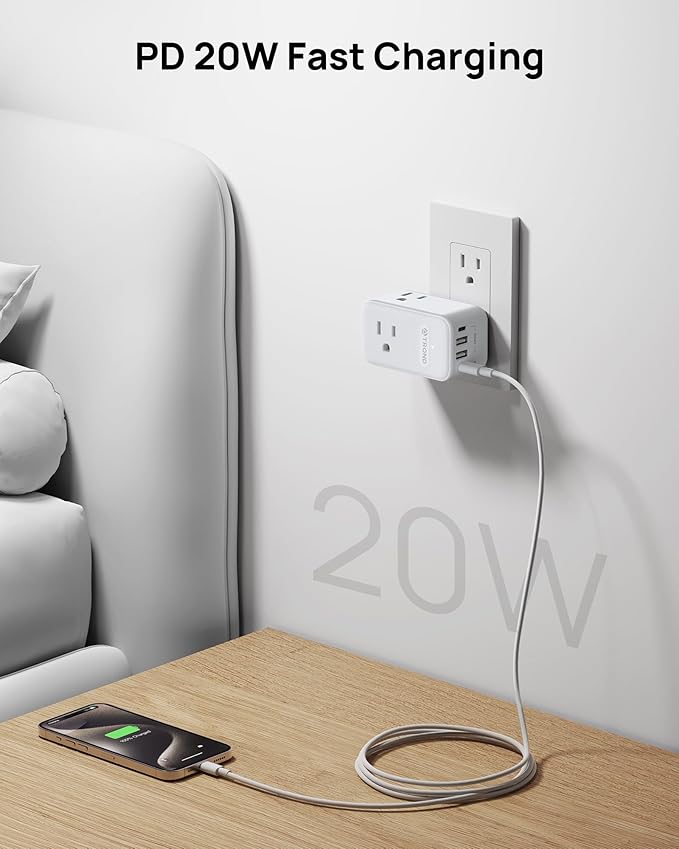 TROND Multi Plug Outlet Extender 2 Pack, 3 Way Outlet Splitter with 360 Rotating Plug, PD 20W USB C Charger Station, Sideways Adapter for Kitchen Bathroom Cruise Ship Travel Essentials