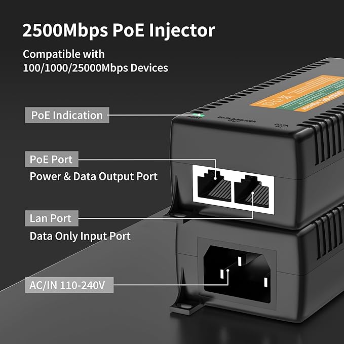 2.5Gb PoE Injector Adapter 60W, IEEE 802.3bt/at/af Compliant, Converts Non-PoE to PoE Network, 100/1000/2500Mbps RJ45, Up to 328 ft, Plug & Play (60W)