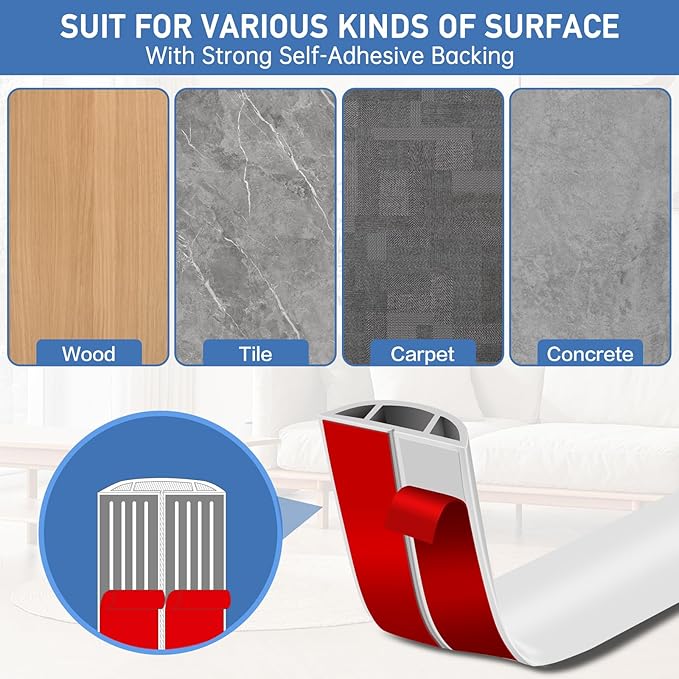 Floor Cord Cover Self Adhesive Cord Hider Floor Extension Cord Covers for Floor Power Cord Protector Cable Management Prevent Cable Trips Cable Cavity 0.59" W x 0.31" H (White, 20Ft)