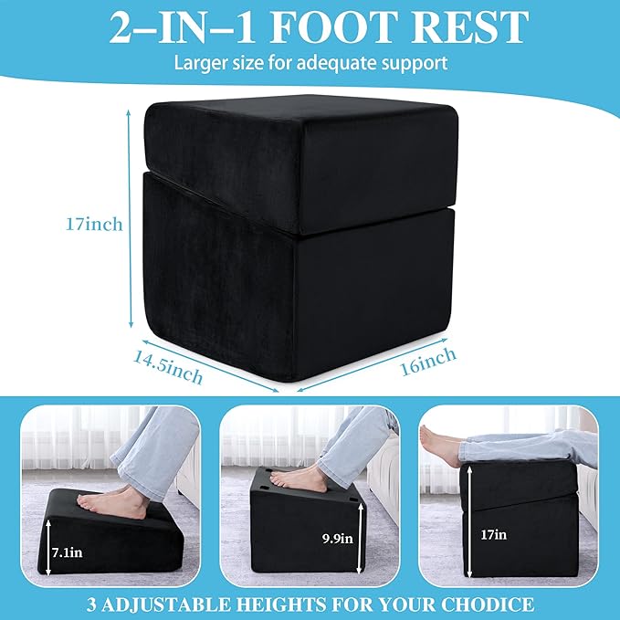 ROYALAY Adjustabl Foot Rest Under Desk for Office, High-Density Foam Foot Rest with 3 Adjustable Heights, Ergonomic Footrest with Washable Cover for Home, Airplane, Travel(16 * 14.5 * 17in, Black)