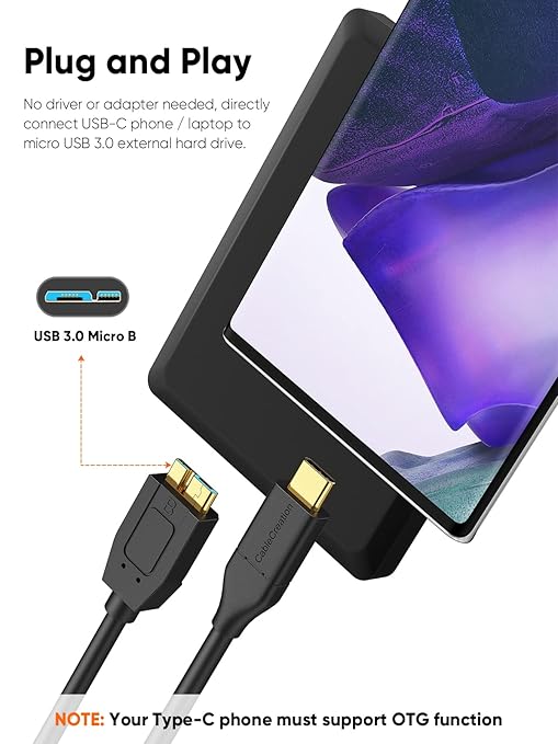 CableCreation 1FT USB C to Micro B Cable,10Gbps Speed External Hard Drive Braided,USB 3.1 Type C to Micro B Work for iPhone 15,16,Seagate WD Westgate My Passport,MacBook Pro/Air, iPad/Tablet,Black