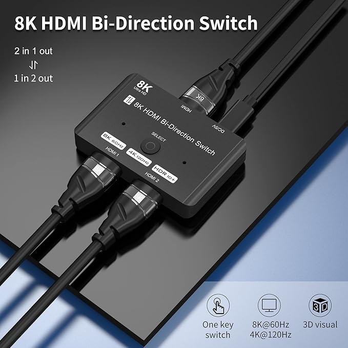 HDMI 2.1 Bi-Directional Switch Ultra HD 8K HDMI Switcher 2 in 1 Out/ 1 in 2 Out HDMI Switch Supports 8K@60Hz/ 4K@120Hz 48Gbps Compatible with Switch/Switch OLED PS5/4 Xbox Roku Apple TV Fire TV Stick