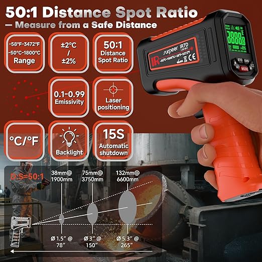-58℉~3272℉ Infrared Thermometer IR Gun, High-Temp Digital Temperature Gun, 50:1 Non-Contact Pyrometer for Kiln, Forge, Furnace, Engine, HVAC & Industrial Applications