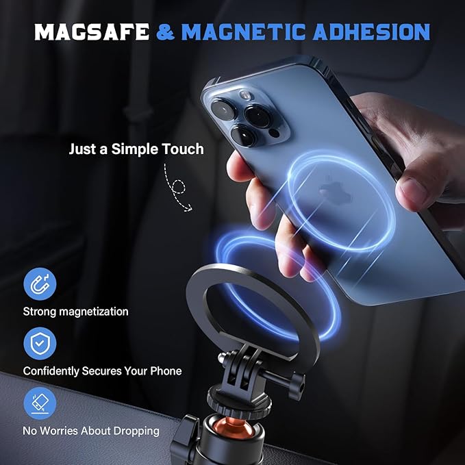 PHOPIK 55" Magnetic Selfie Stick Phone Tripod, Extendable Magnetic Cell Phone Tripod Stand Compatible with iPhone/Android/Sport Camera&Insta 360 x5, Perfect for Video Recording/Selfies/Live Stream