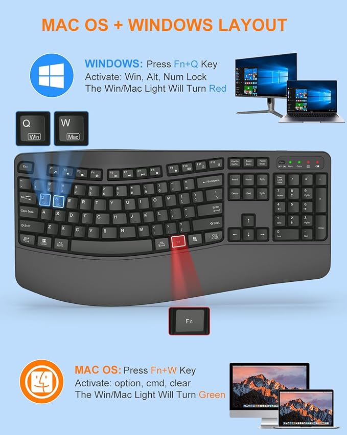 EDJO Ergonomic Wireless Keyboard for Large Hands, with Wrist Rest, Wave Keys, 2.4GHz Full Size Ergo Cordless USB Computer Keyboard, Comfortable Natural Typing, for Laptop, Mac, Windows (Gray)