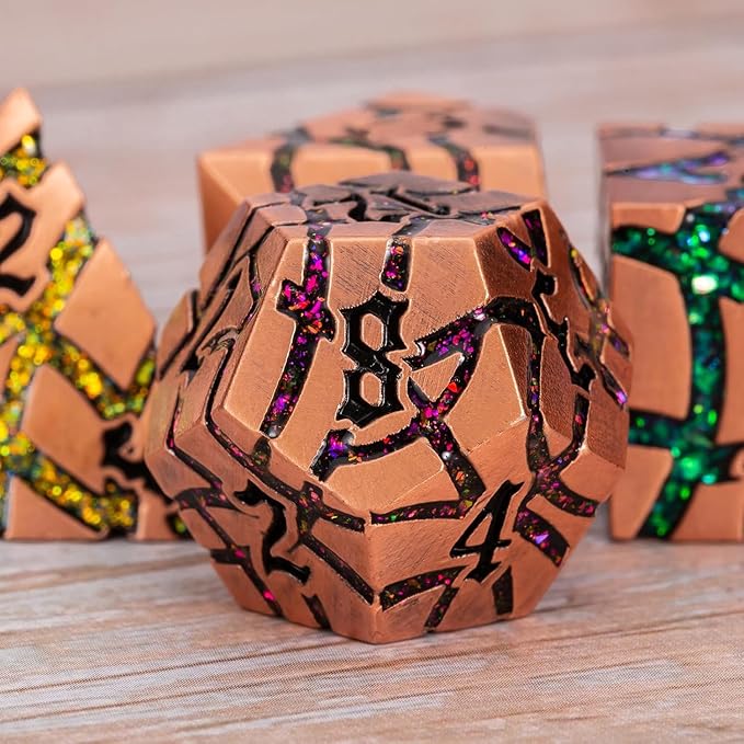 DND Metal Dice Set,7PCS Crack Glitter Metallic Dice with Gift Box,Polyehdral Dice Set for Dungeons and Dragons (Antique Red Copper 7 Colors)