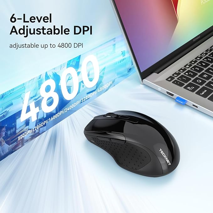 TECKNET Rechargeable Jiggler Wireless Mouse (BT5.0/3.0 & 2.4G) 4800 DPI Silent USB A & Bluetooth Mouse 6 Buttons, Wide Compatibility - Black