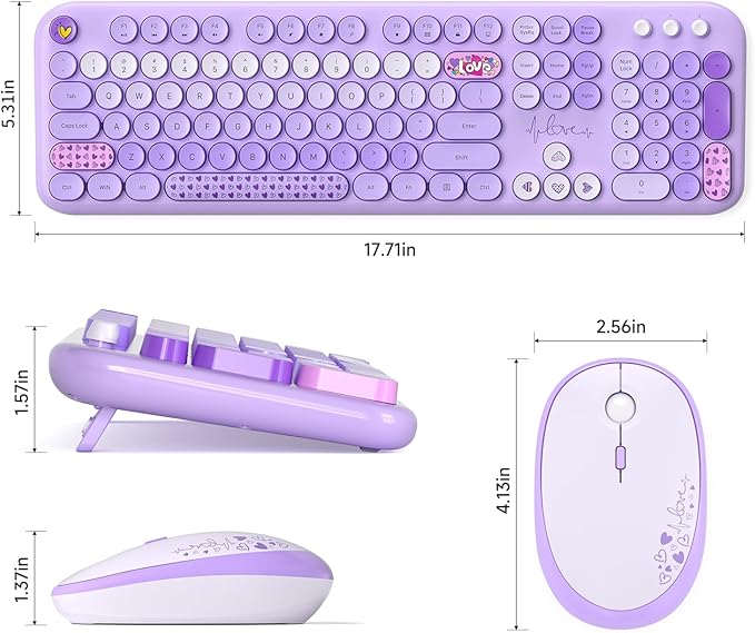 KNOWSQT Wireless Keyboard and Mouse Combo - Lovely Purple Rainbow Full-Sized Typewriter Colorful Keyboards, Round Keycap USB Plug Play Retro Cute Keyboards for Windows, Laptop, PC, Desktop, Computer