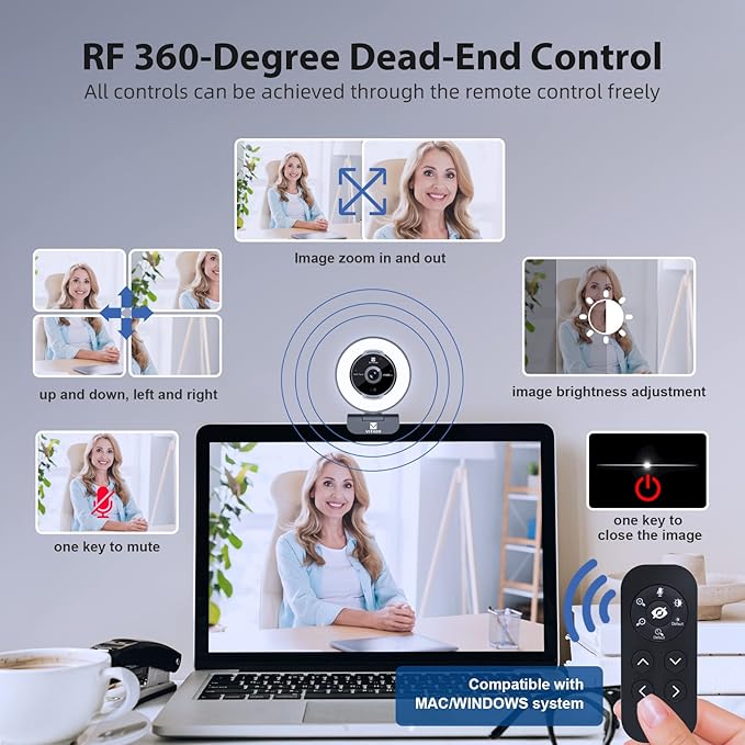 Zoomable Webcam with Remote Control, 1080P 60FPS Streaming Webcam with Adjustable Ring Light and Tripod, Pro USB 5X Digital Zoom Webcam for Zoom/Skype Teams/Laptop/Mac Windows
