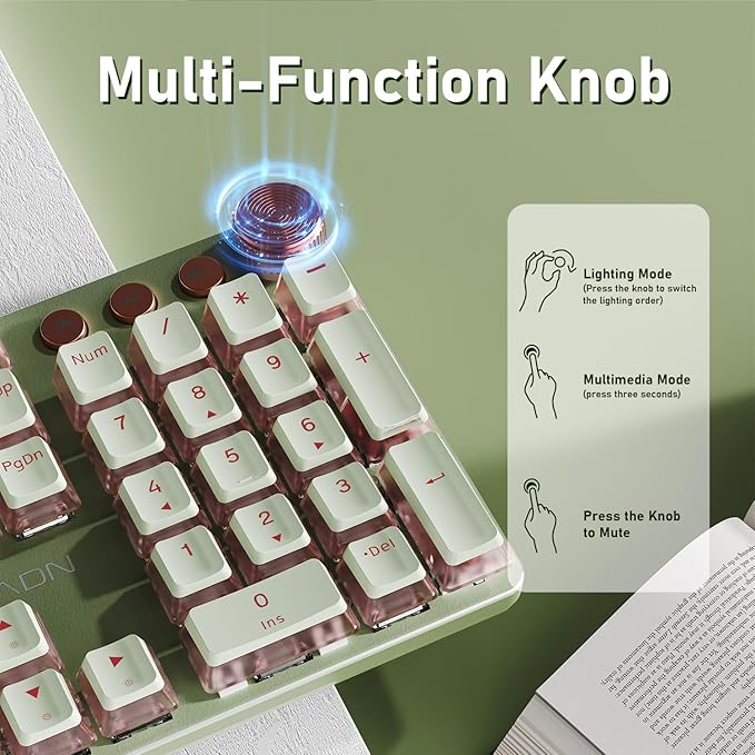 EWEADN V20 Wired Mechanical Keyboard, 104 Keys Backlit LED Keyboards, Media Control Knob, Wired Computer Keyboard Pink Switch for Windows/Mac/PC-Matcha Green
