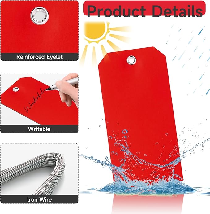 100 Plastic Shipping Tags - Red, 6 1/4" x 3 1/8", Waterproof, Durable, Reinforcement Hole, Stacking Labels for Equipment Parts