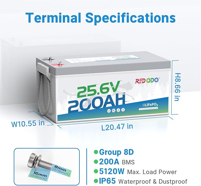 Redodo 24V 200Ah LiFePO4 Lithium Battery, Built in 200A BMS, Max. 5120Wh Energy, Up to 15000 Deep Cycle Lithium Battery, Perfect for Solar Home System, RV, Off Grid, Marine (4 Pack)