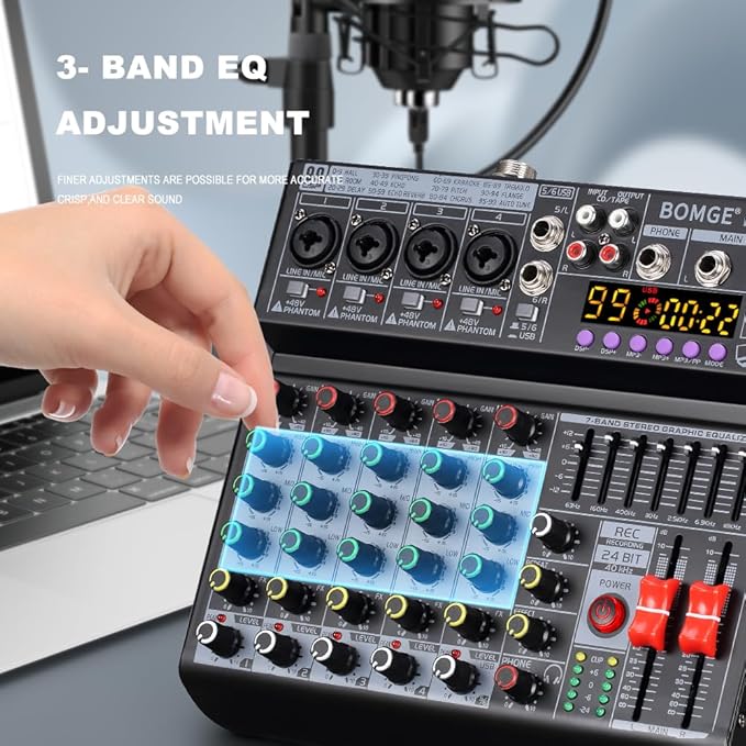 BOMGE 06A Professional 6 Channel DJ Audio Mixer, DJ Controller Sound Mixer with 99 DSP Effects,7-band EQ Independent 48V Bluetooth USB Interface Recording for Studio Stage Party Home Recording