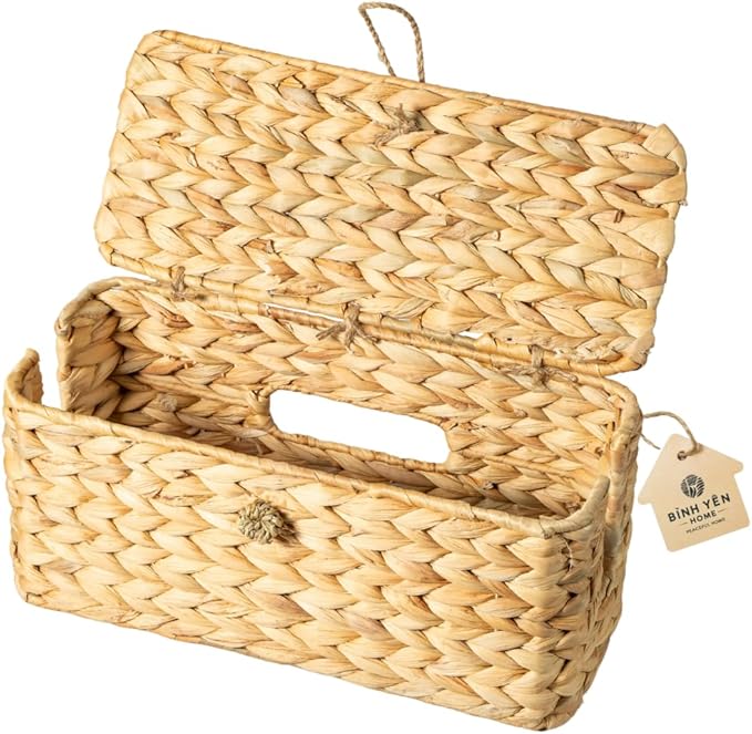 Wicker Cable Management Box with Lid, A Handwoven Water Hyacinth Cords Hider Box for TV, Computer, Router, USB Hub to Hide Cords & Power Strip for Desk, Floor, Office 12.8x5.5x5.5