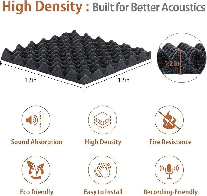 36 Pack Acoustic Foam Panels with Self Adhesive 12" X 12" X 1.2" Sound Proof Foam Panels for Walls High Density Egg-Crate Soundproof Wall Panels for Studio Office Gaming Room
