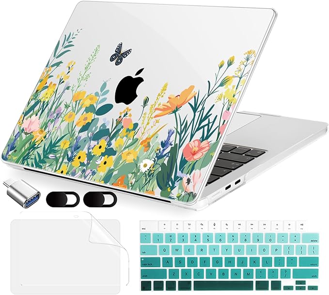 Compatible with MacBook Air 13.6 inch Case, M4 A3240/M3 A3113/M2 A2681 (Released 2025 to 2022), Hard Shell, Keyboard Cover, Screen Protector, Webcam Cover & Type-C Adapter, Butterfly Flowers