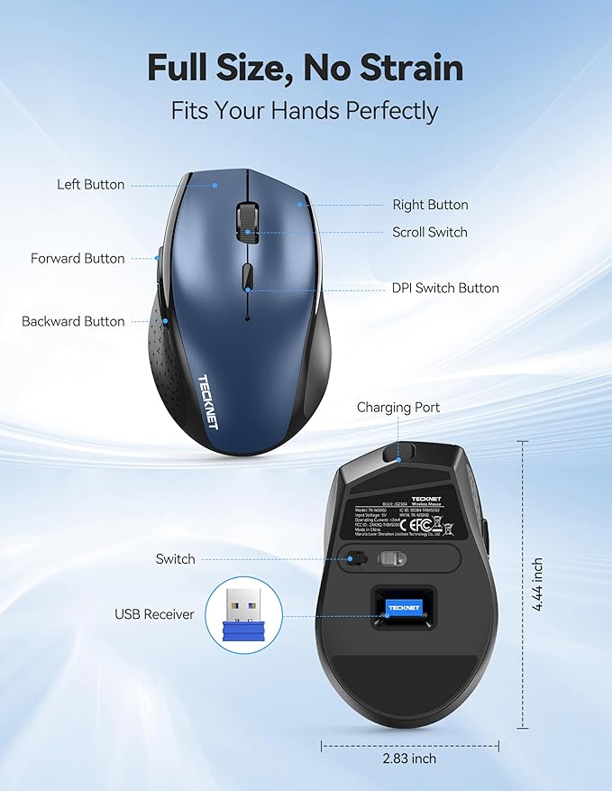TECKNET Wireless Mouse Rechargeable,Mouse for Laptop Computer,2.4G USB Computer Mice Wireless,6 Button 6400 DPI Ergonomic Silent Mice,Portable Cordless Travel Mice-Wide Compatibility