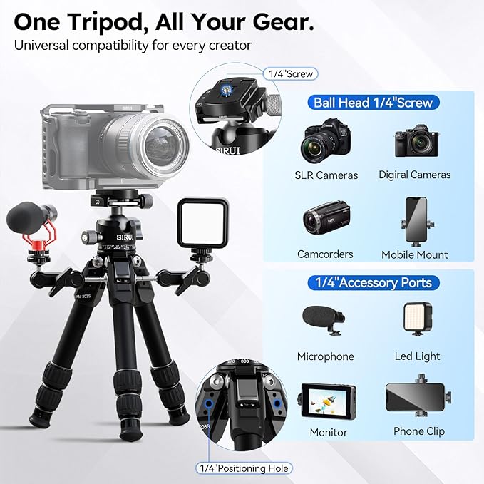 SIRUI Lightweight Mini Tripod, 1.9lbs Aluminum Desktop Table Tripod with Low-Profile Ball Head, Compact Design, 33lbs Load, 16.7" Max Height, for DSLR, Mirrorless Camera, Phone, Vlogging