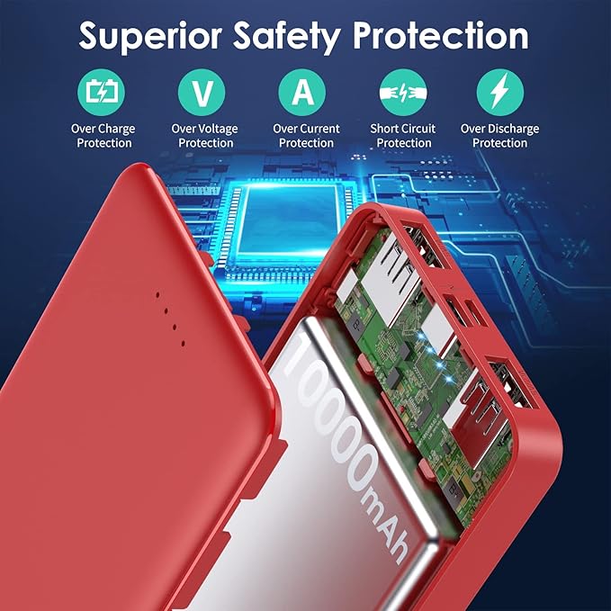 [2 Pack] Portable Charger Power Bank 10000mAh,Ultra Slim Compact External Battery Pack with USB C Input & Dual USB Outputs Backup Charger Compatible with iPhone 13,12, Samsung S20,Tablet-Black+Red