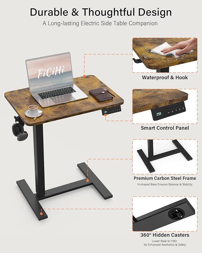 Mobile Standing Desk with Wheels - Electric Height Adjustable Small Movable Laptop Desk, Portable Rolling Computer Sit Stand Side Table for Home Office, Sofa&Bedside Use (27.6",Rustic Brown)