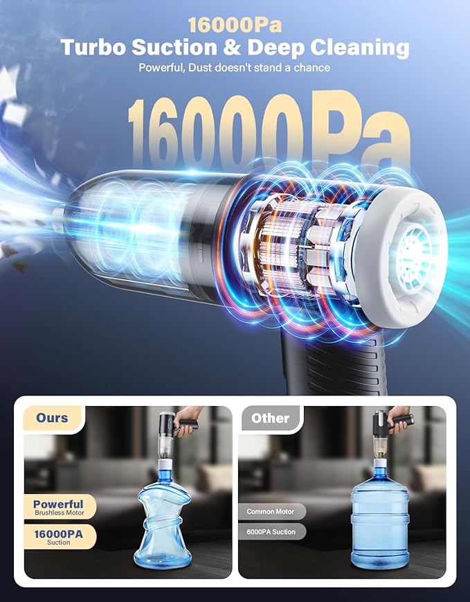Car Vacuum Portable Cordless, 16000Pa Handheld Vacuum Mini Vacuum Cleaner High Power with Best Suction Brushless Motor, 4 in 1 2-Speed Air Duster Portable Vacuum for Car Keyboard Pet Hair